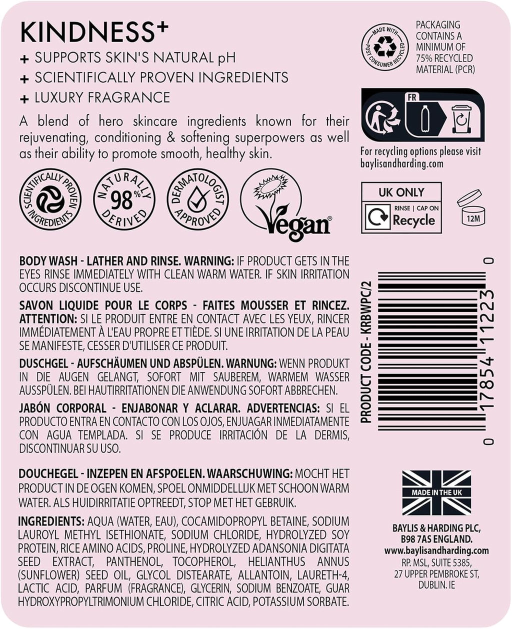 Baylis & Harding Kindness plant collagen body wash label on bottle back