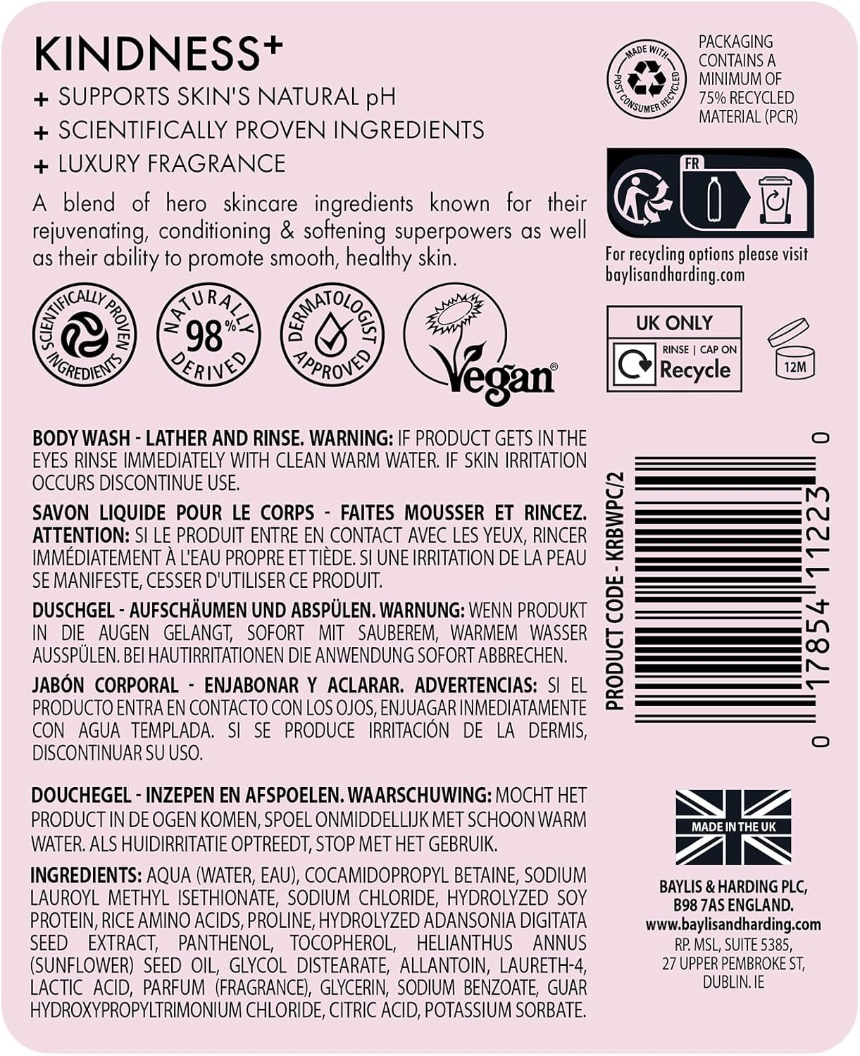Baylis & Harding Kindness plant collagen body wash label on bottle back
