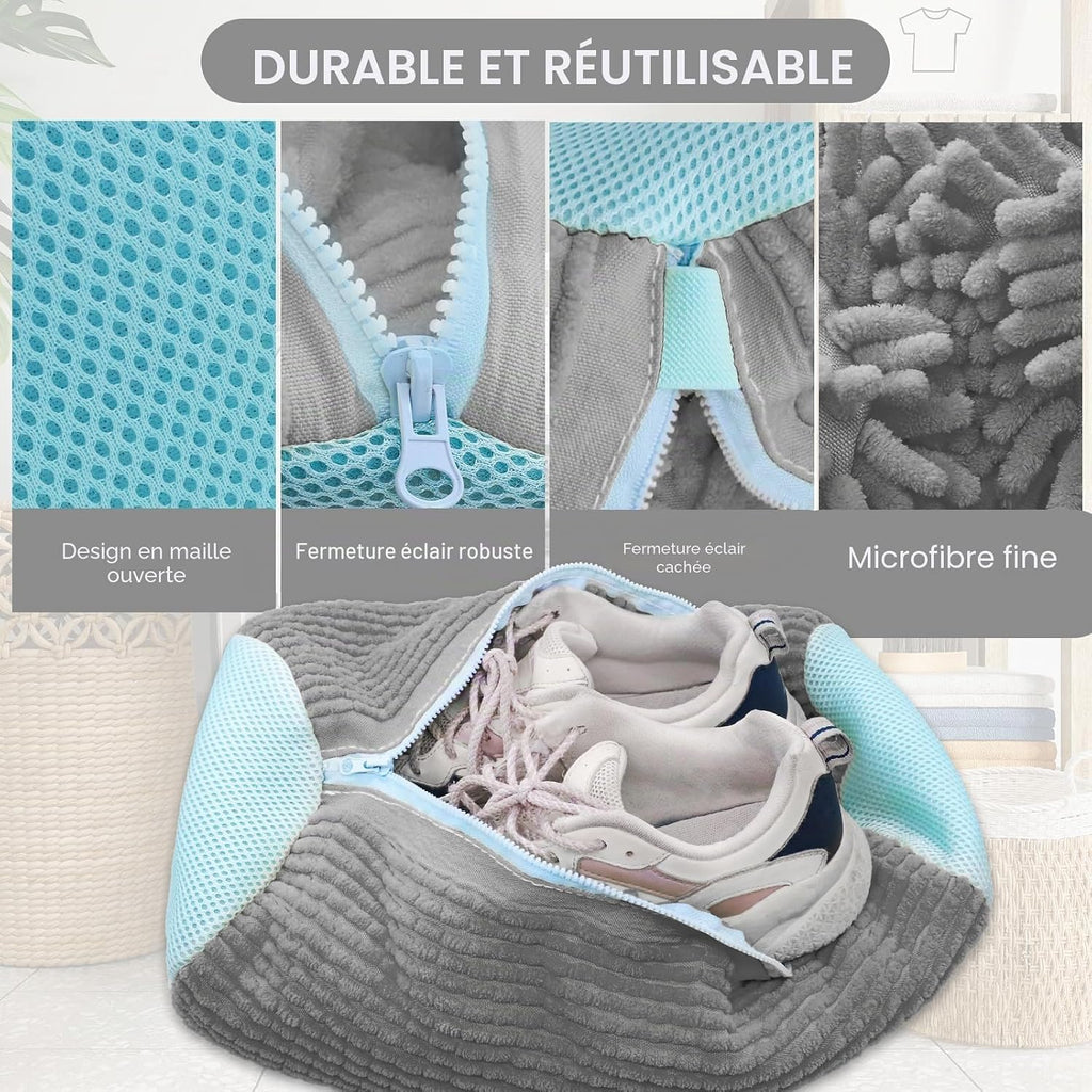 Reusable 360° shoe washing bag, gray with light blue trim, open zip and plush microfiber.
