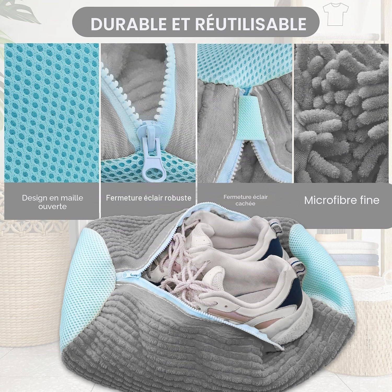 Reusable 360° shoe washing bag, gray with light blue trim, open zip and plush microfiber.