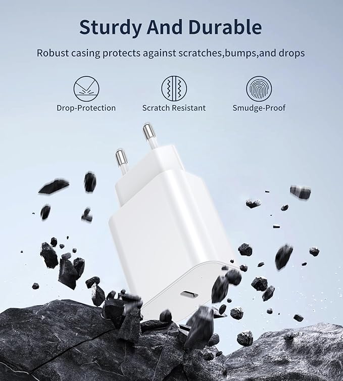 White USB-C power adapter with two-pin plug, rugged housing