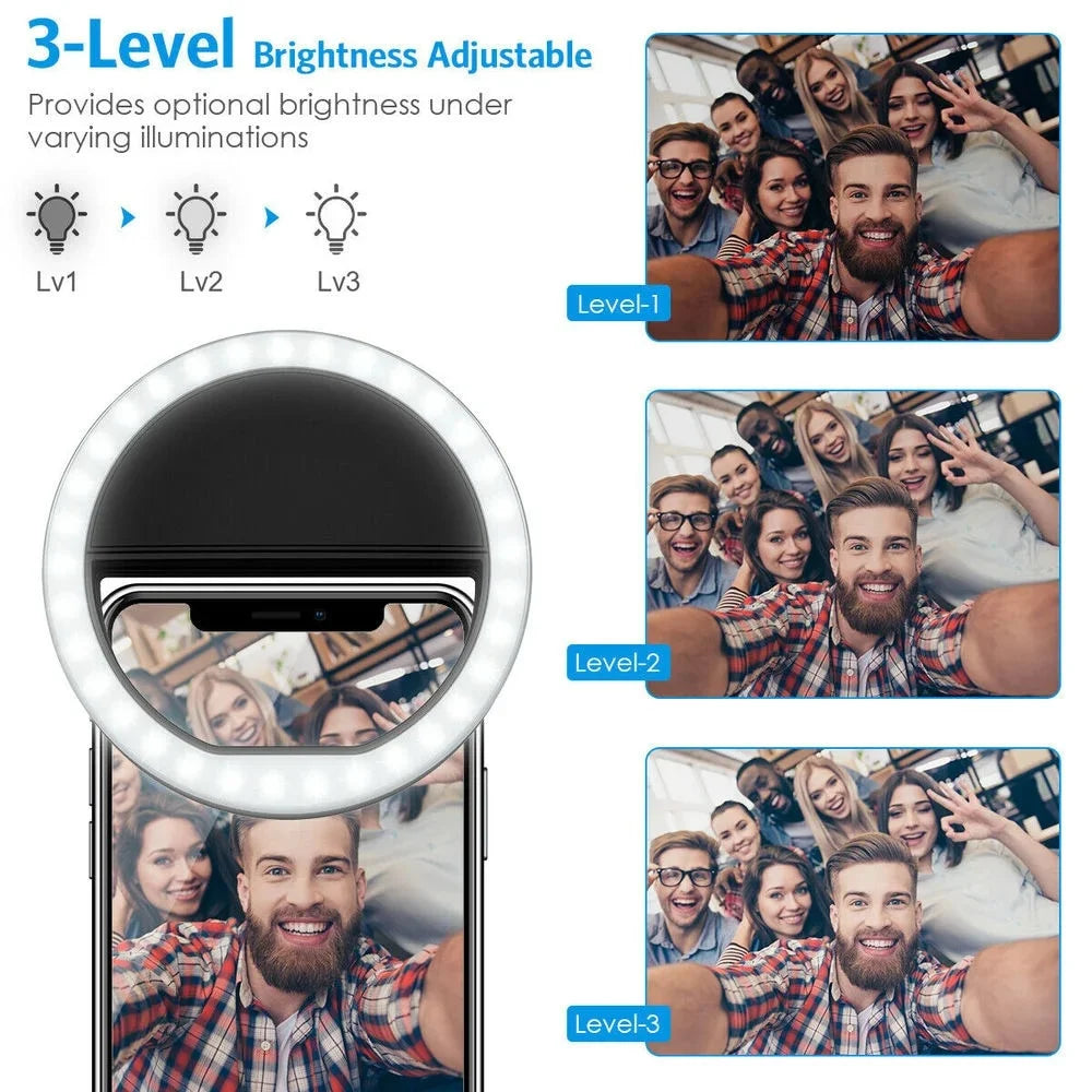 LED selfie ring light with three brightness levels and phone clamp for selfies