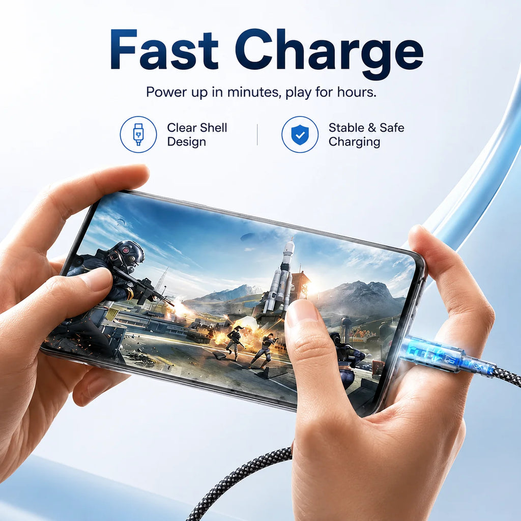 Braided charging cable plugged into a smartphone; blue cable visible near the port