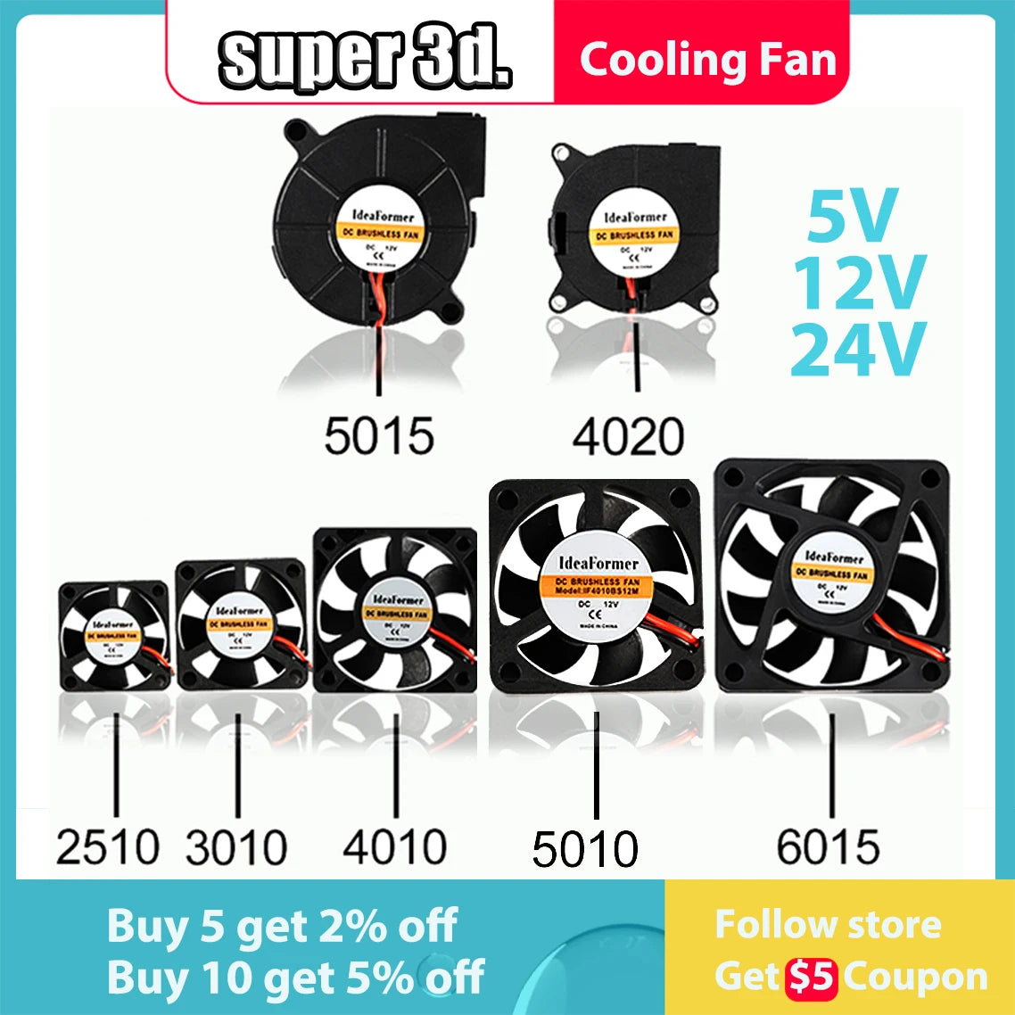 Set of black square DC cooling fans with propeller blades and mounting holes