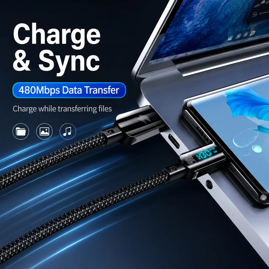 Braided charging cable with USB-C connector and blue LED display for charge & sync