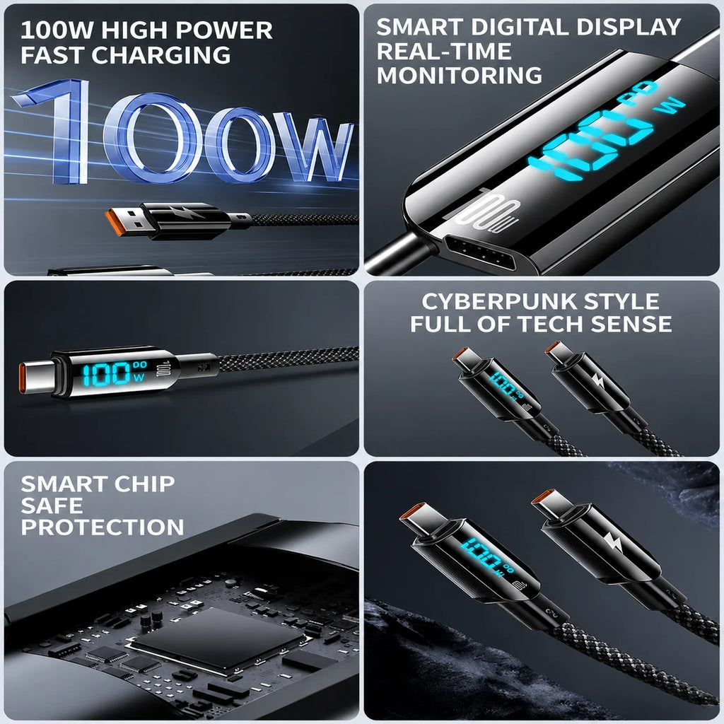 Braided fast charging cable with built-in digital LED display showing charging power