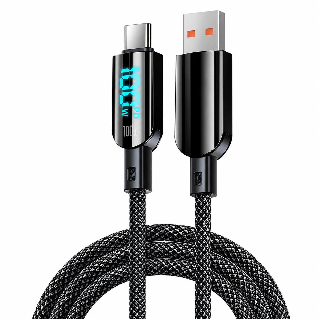 Braided USB A to USB C fast charging cable with blue LED 100W display