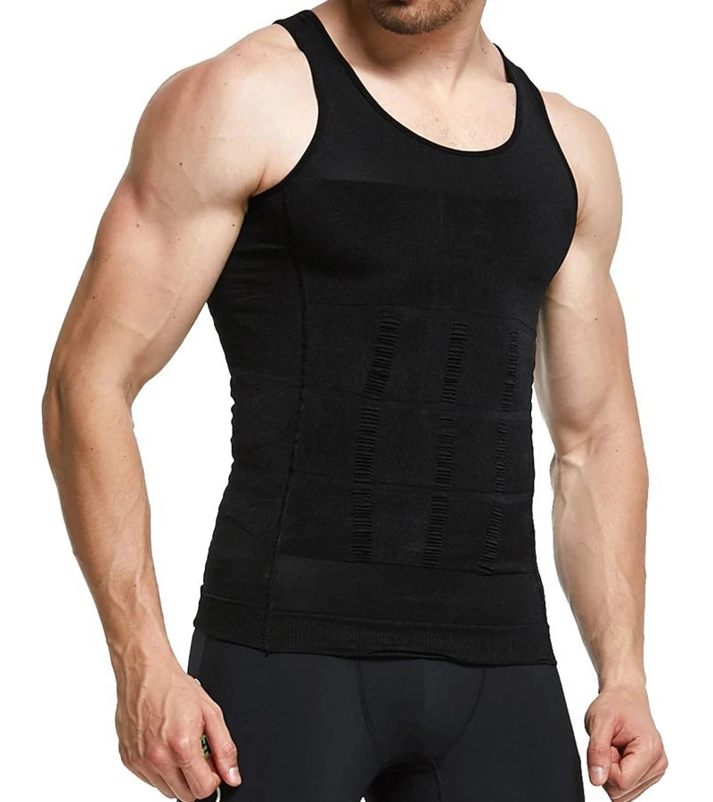 Men's black compression vest with front tummy-shaping panels
