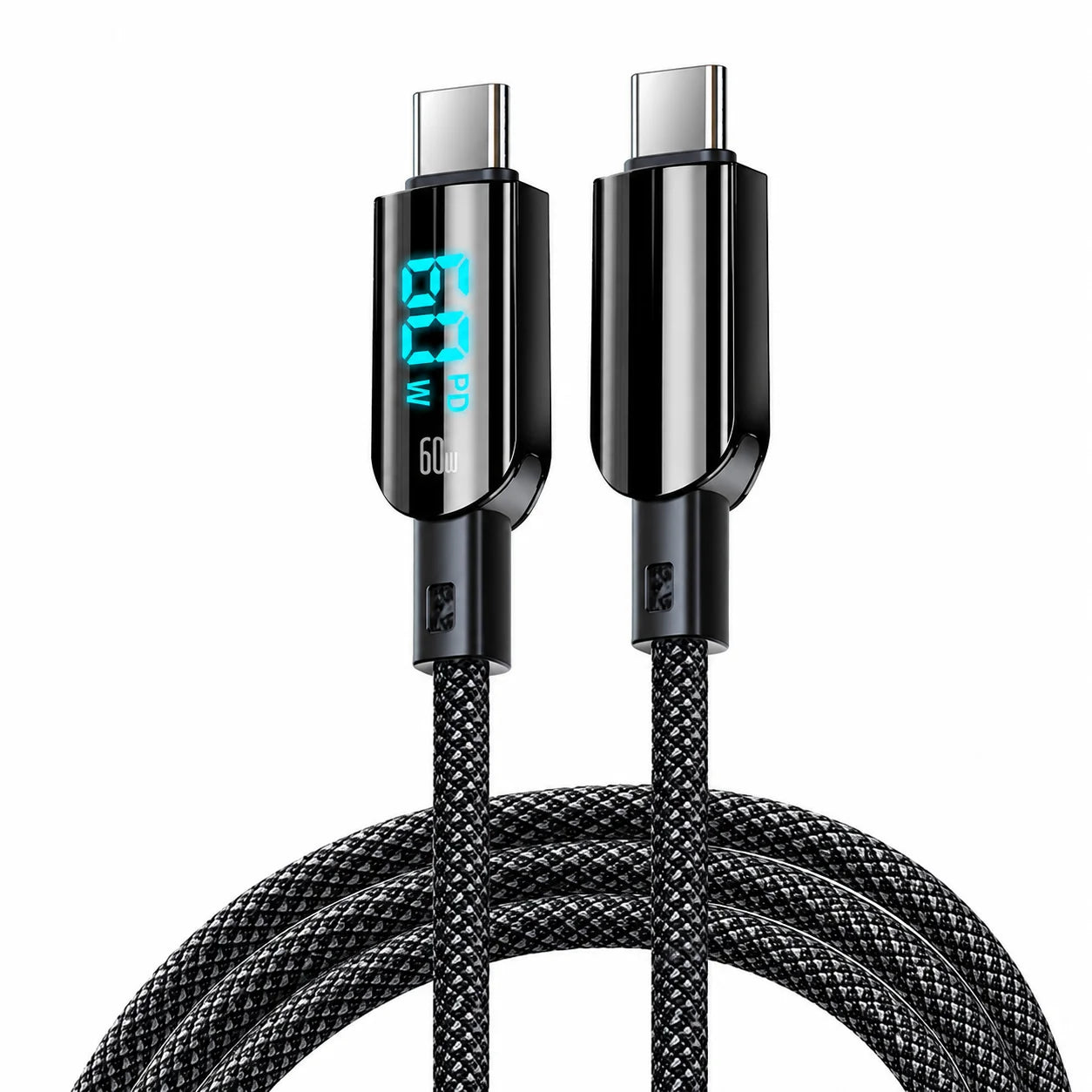 Braided USB C to USB C fast charging cable with blue LED 60W display