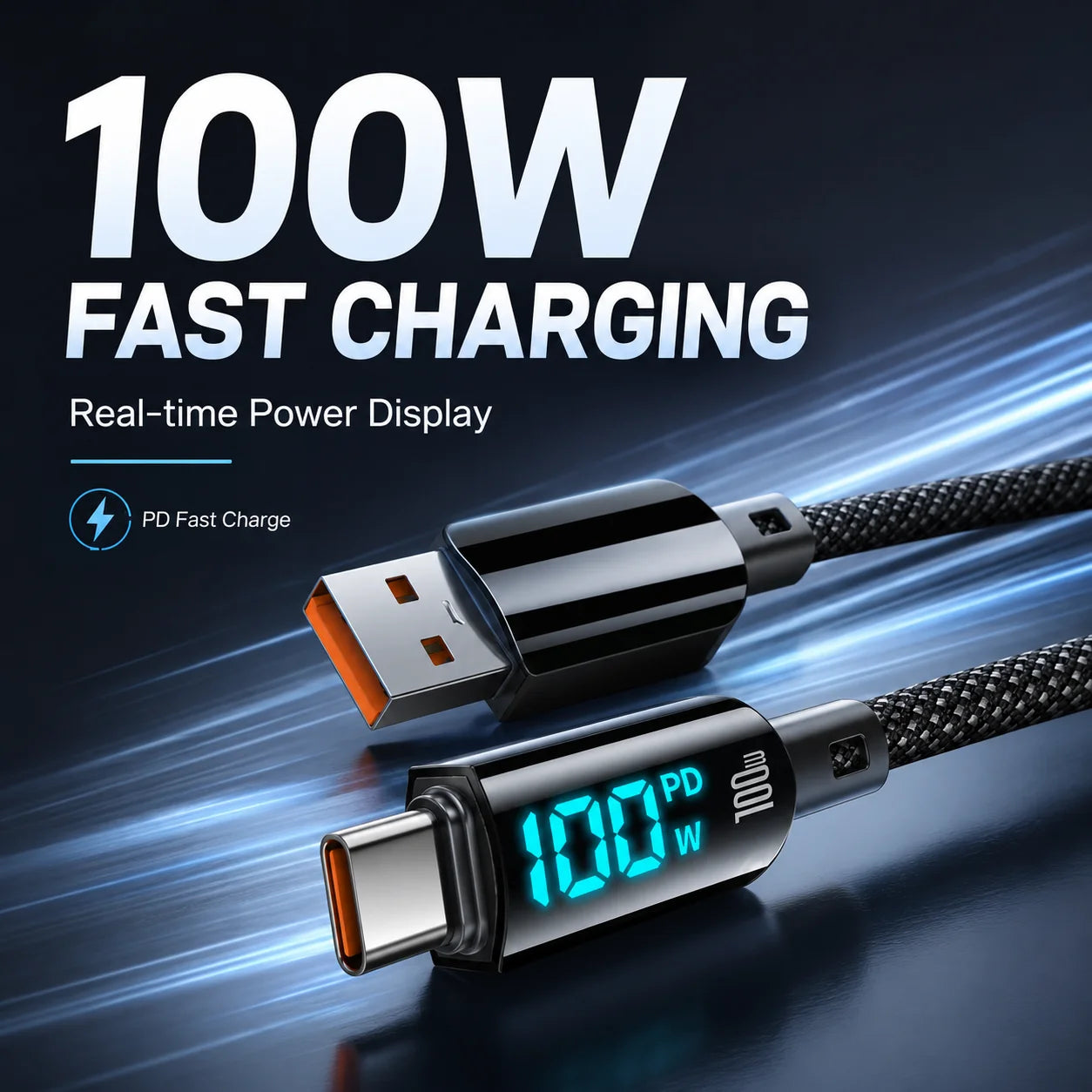 Braided USB A to USB C cable with orange plug and blue LED 100W power display