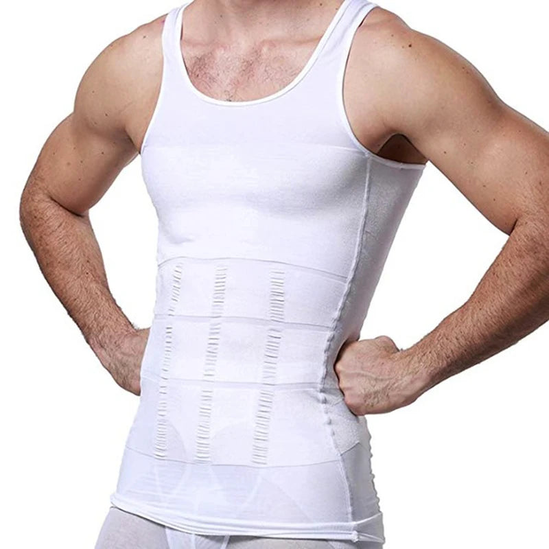 Men's white compression slimming vest tank with front belly-support panel