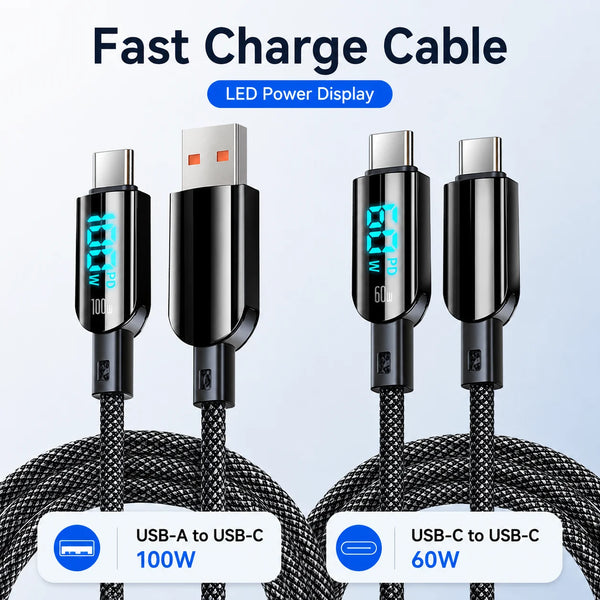 Braided USB A to USB C and USB C to USB C fast charging cables with LED display