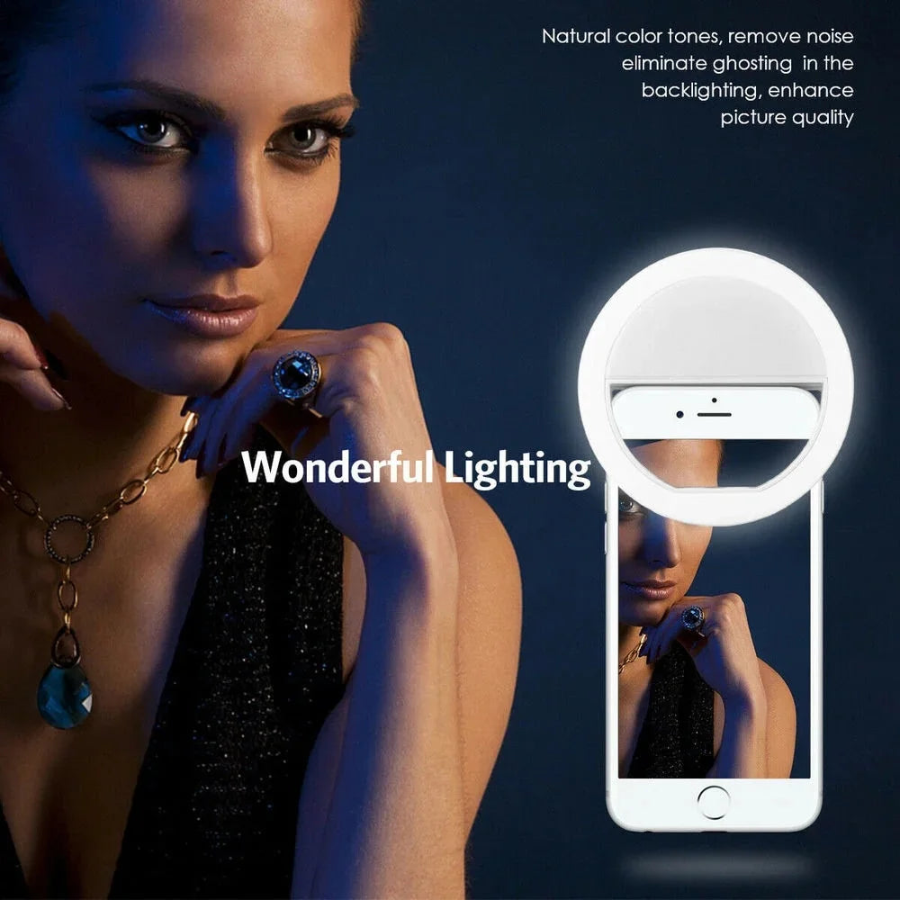 White LED selfie ring light with phone clamp, circular glow for portraits