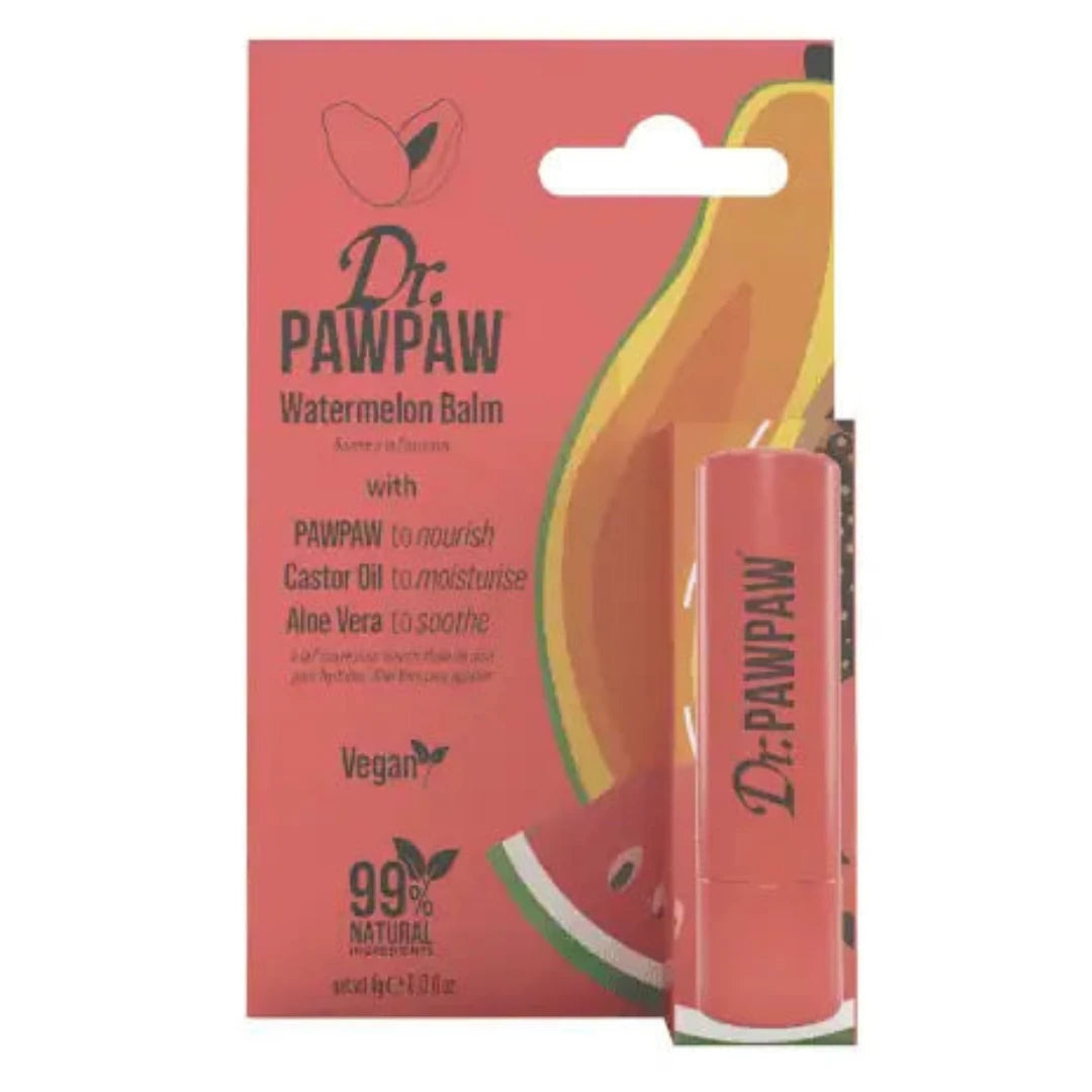 Dr.PawPaw watermelon balm tube shown beside printed cardboard package