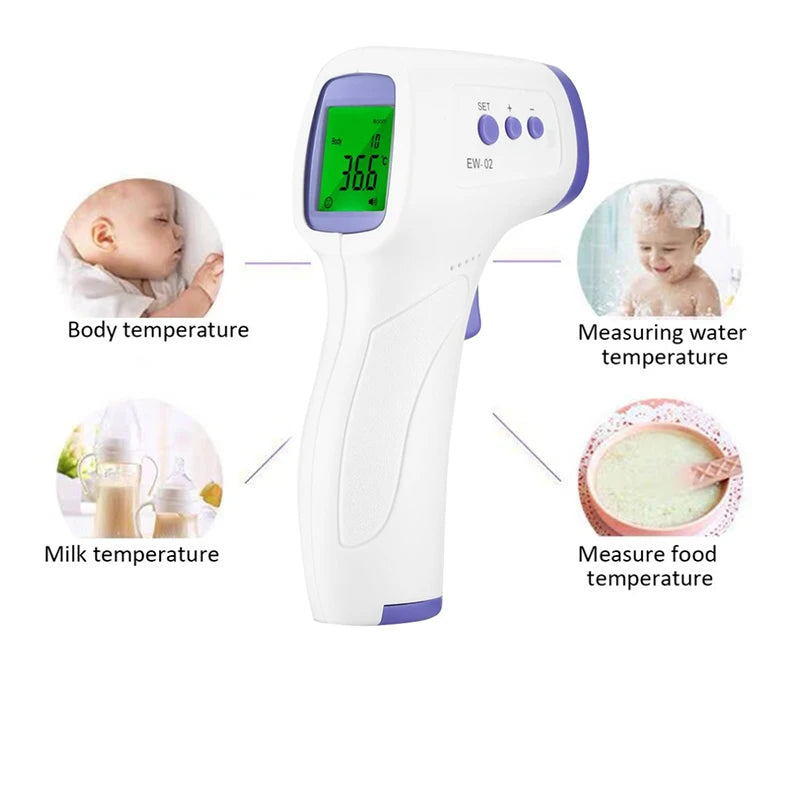 White and purple non-contact infrared thermometer with LCD screen for temperature checks.