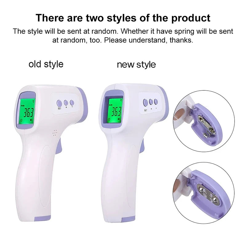 Two styles of white and purple non-contact infrared thermometer, handheld with LCD display.