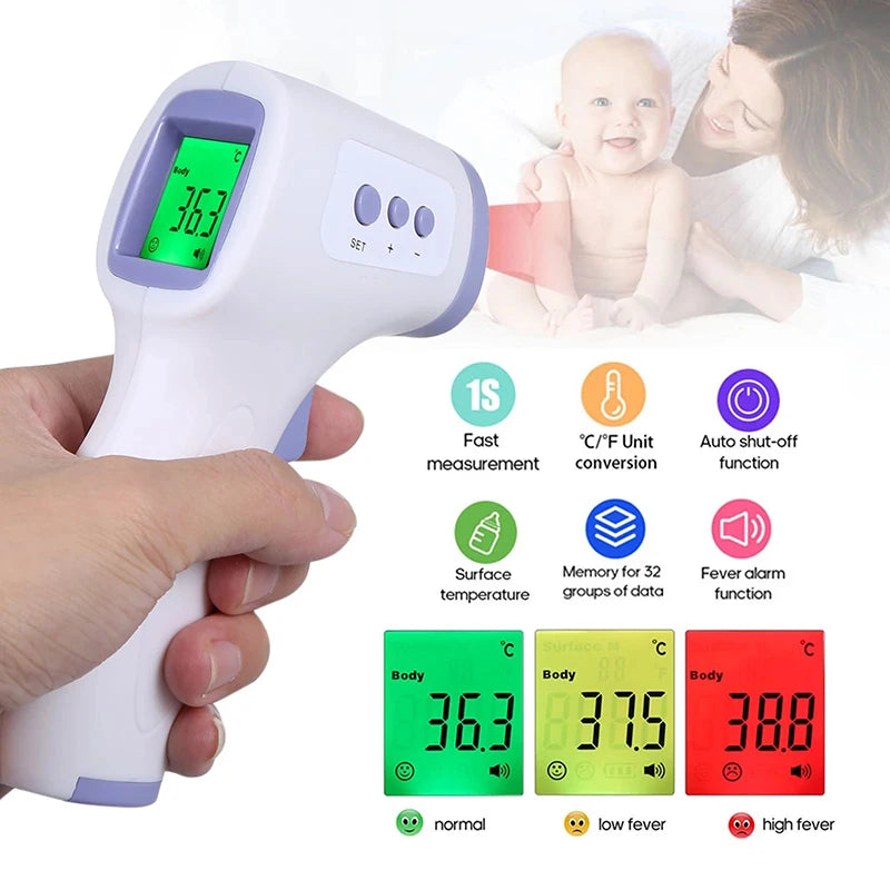 White and purple infrared thermometer with LCD screen showing forehead temperature reading.