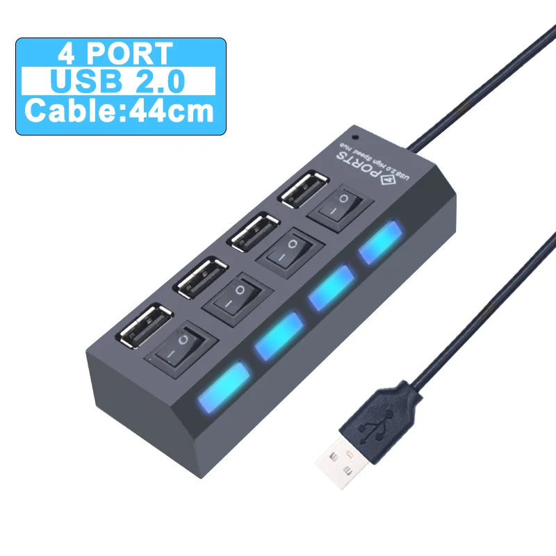 Black 4-port USB 2.0 hub with blue cable, four USB ports, and switches