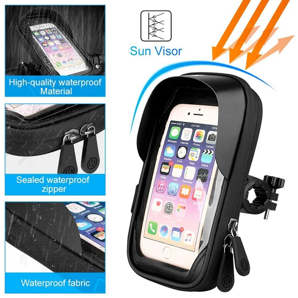 Black waterproof phone holder bag with sun visor, sealed zipper, and clear touch screen window