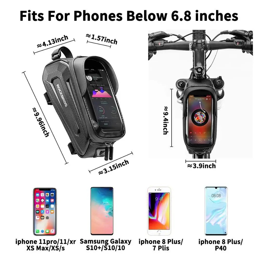 ROCKBROS bike frame phone bag with touch-screen window in black, compact size