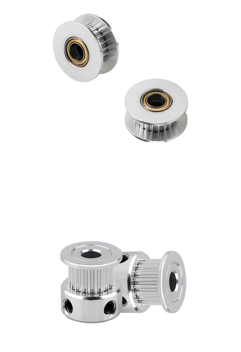 GT2 timing pulley set with two toothed wheels and a belt tensioner assembly