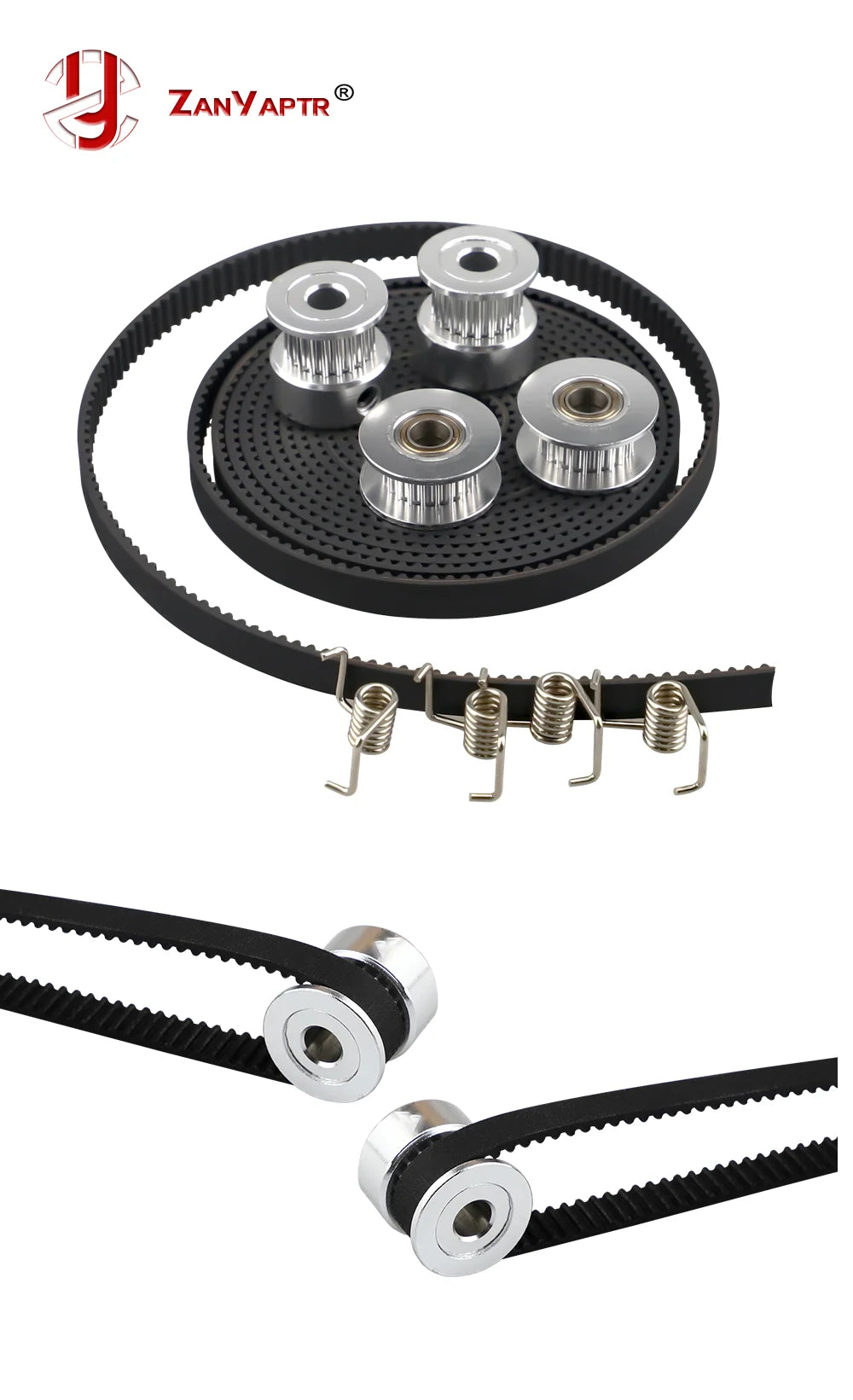 GT2 timing pulley belt kit with black belt, four pulleys, and tension springs
