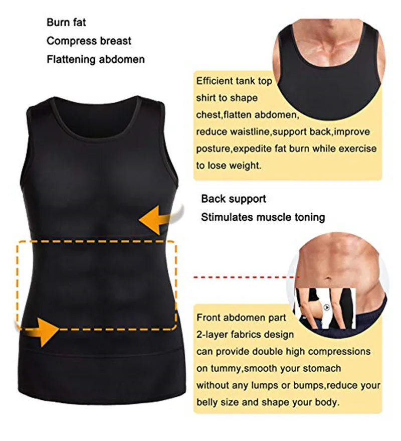 Slimming compression vest features diagram with back support and front abdomen shaping