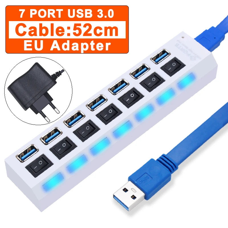 White 7-port USB 3.0 hub with EU adapter, blue cable, switch buttons, 52cm