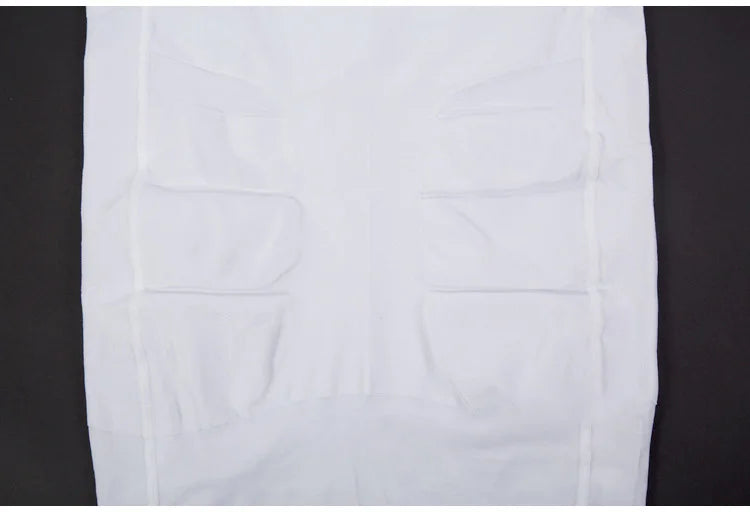 Men's white sleeveless compression slimming vest with stitched front paneling