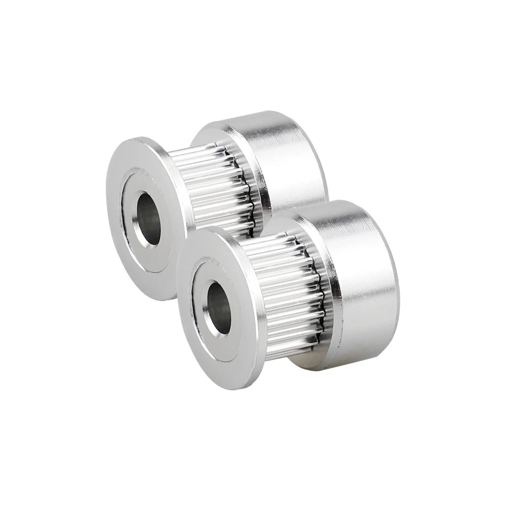 Two steel GT2 timing pulleys with toothed rims and bolt holes
