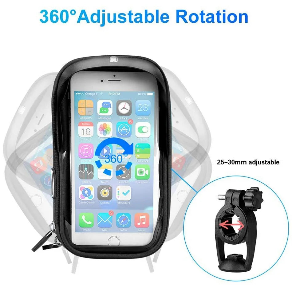 Black adjustable rotation handlebar phone holder bag with clear screen window and mounting bracket