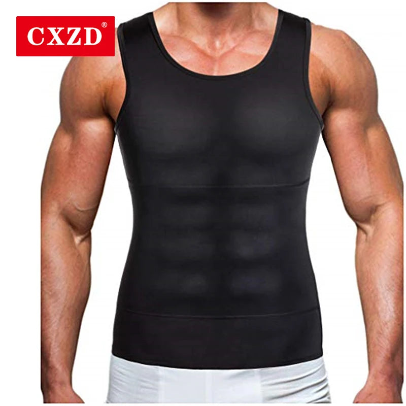 Men's black compression slimming vest tank with racerback and smooth waist panel