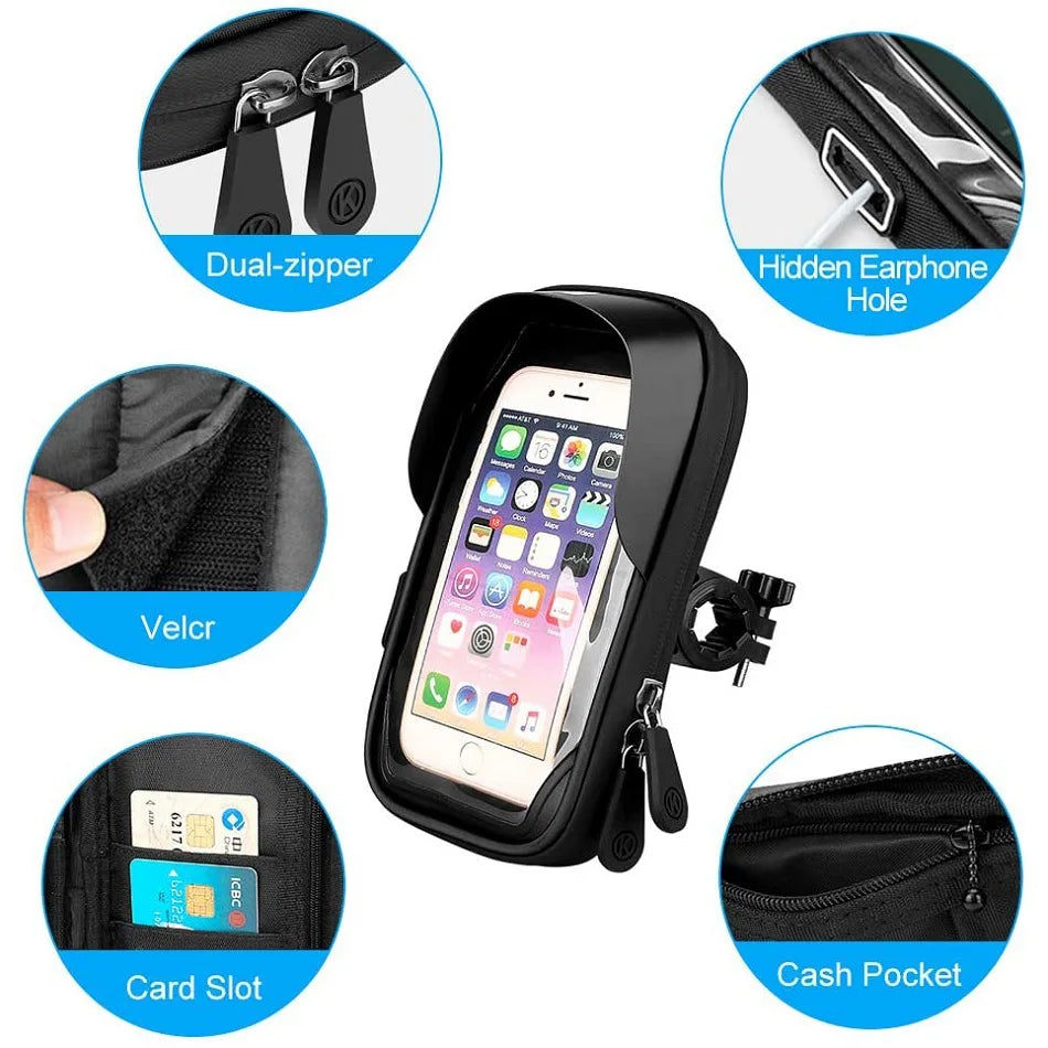 Black phone holder bag with dual zipper, card slot, headphone hole, and cash pocket detail