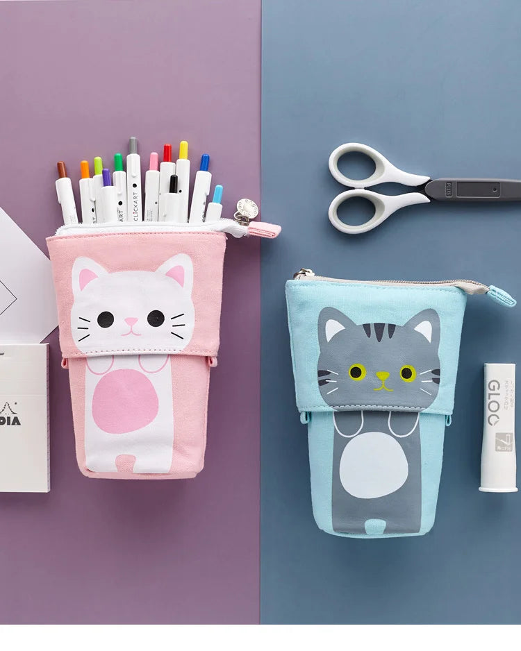 Two cat pencil pouches: pink one and blue one with zipper tops