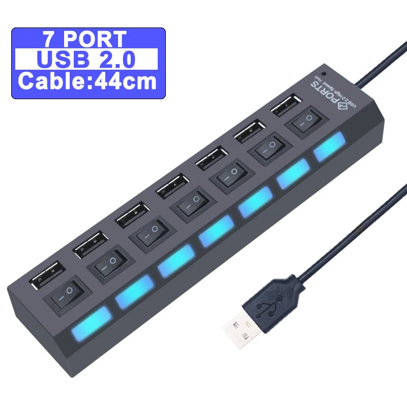 Black 7-port USB 2.0 hub with dark cable, switch buttons, LED indicators, 44cm