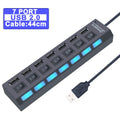 Black 7-port USB 2.0 hub with dark cable, switch buttons, LED indicators, 44cm