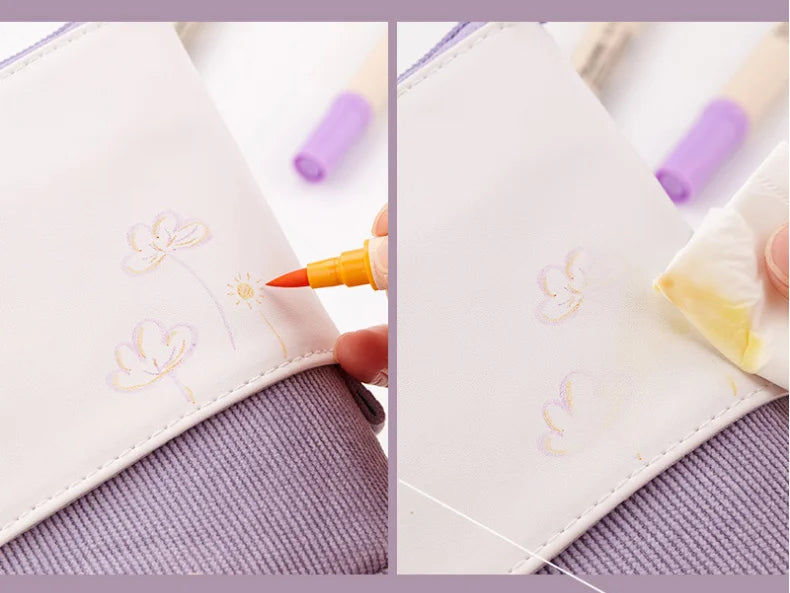 Pencil case pouch close-up with zipper and small flower embroidery on light fabric