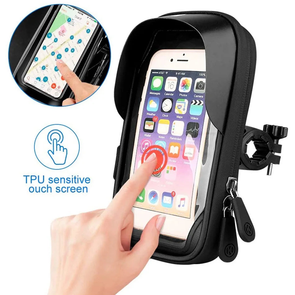 Black phone touch-screen holder bag on handlebar with finger tapping the clear window