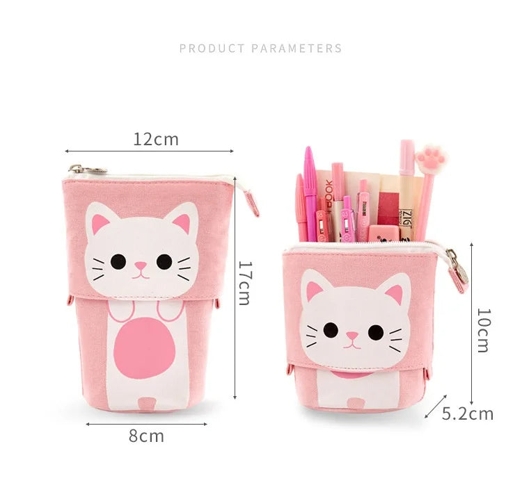 Pink cat face canvas zip pencil pouch with dual compartments and front pocket