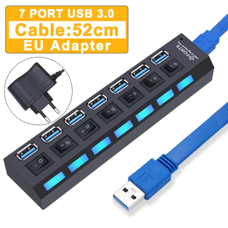 White 7-port USB 3.0 hub with EU adapter, blue cable, switch buttons, 52cm