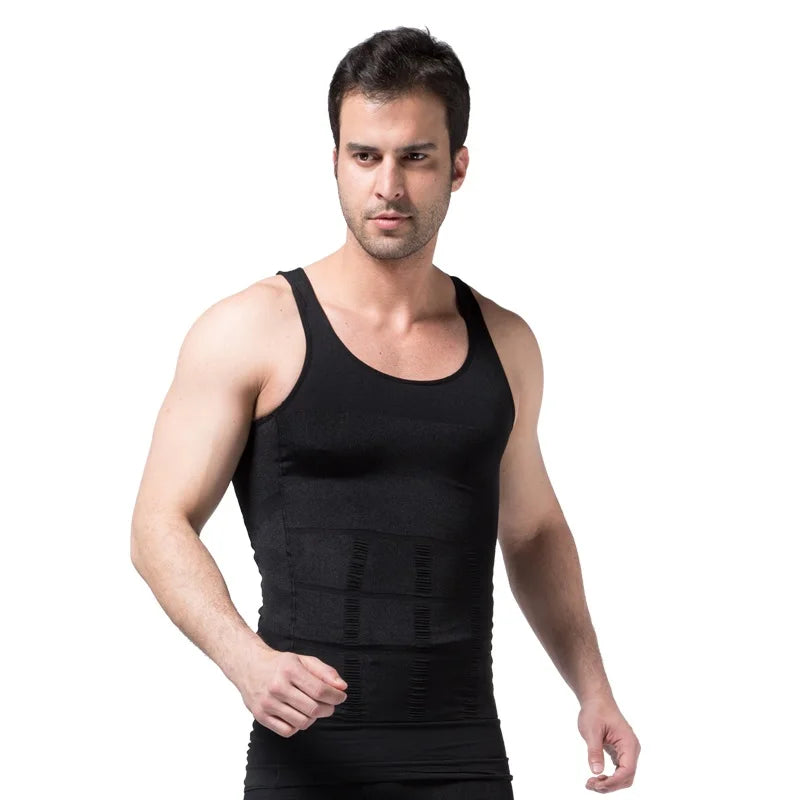 Men's black compression slimming vest tank worn by a male model