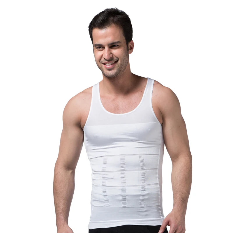 Men's slimming vest, white sleeveless front view with high scoop neckline