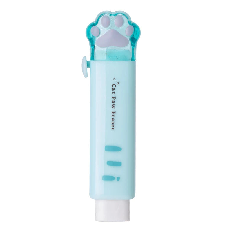 Retractable cat paw claw pencil eraser, light blue with paw-shaped cap