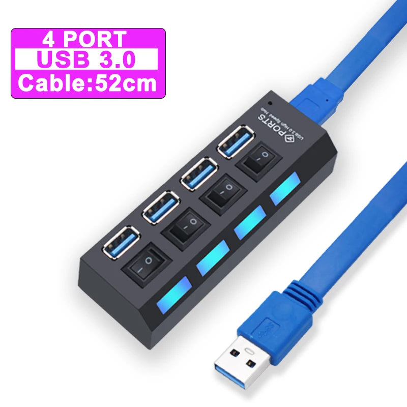Black 4-port USB 3.0 hub with blue cable, switch buttons, LED indicators, 52cm