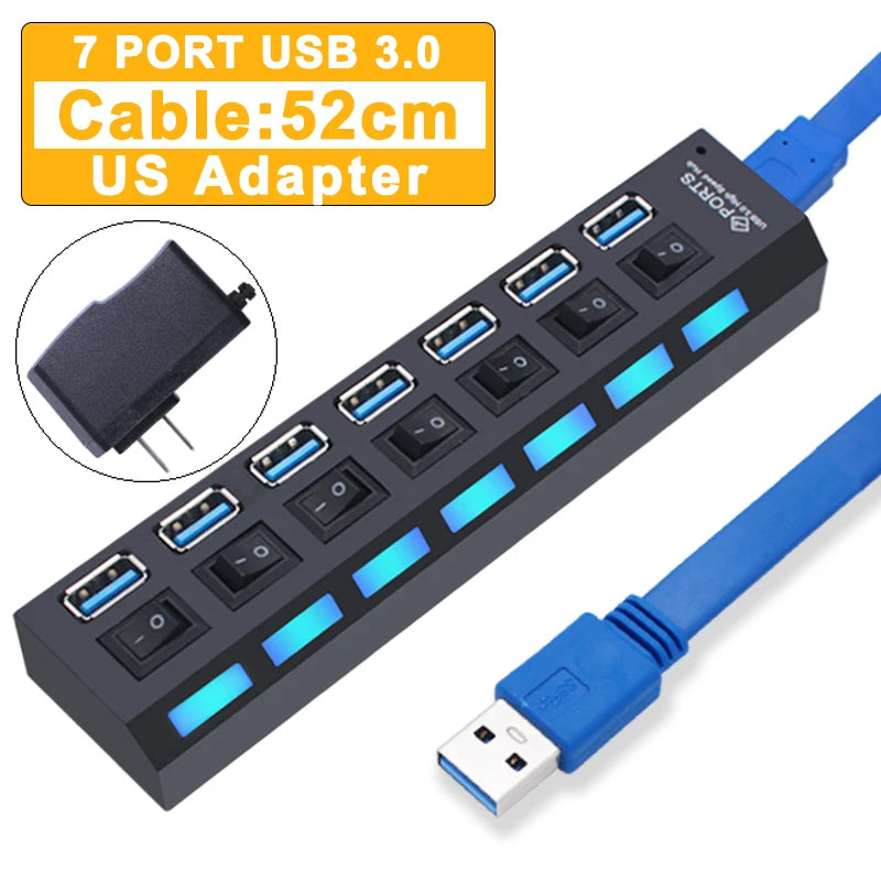 Black 7-port USB 3.0 hub with US adapter, blue cable, switch buttons, LED indicators, 52cm