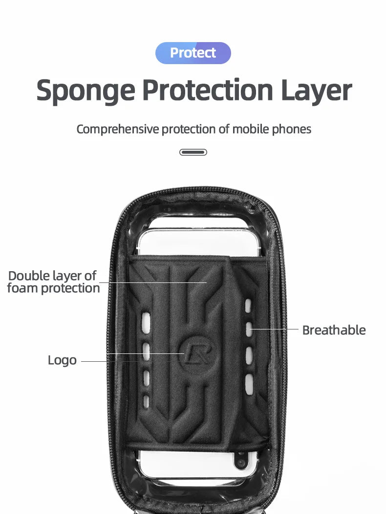 Waterproof phone bag with protective foam layers shown in cutaway diagram