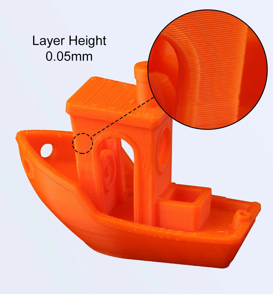 Orange 3D printed sample with inset showing layer height 0.05 mm
