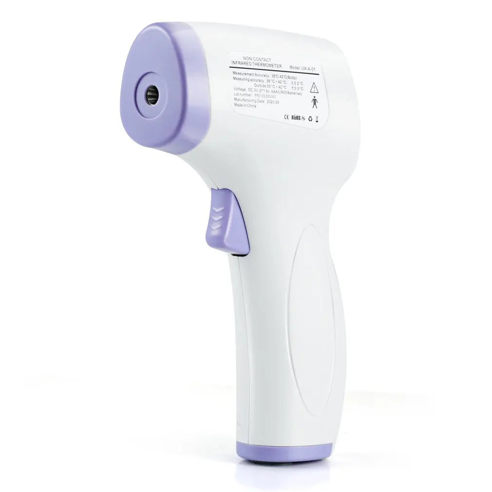 Rear view of white and purple non-contact infrared digital thermometer with speaker vent.