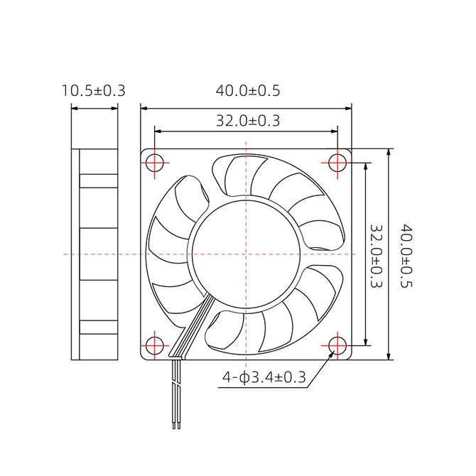 3D printer cooling turbo fan top view diagram, 40mm size with mounting holes