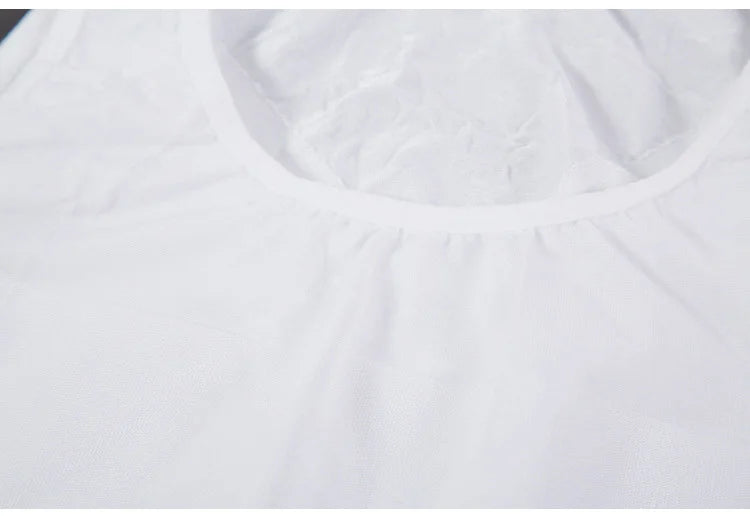 Men's slimming vest neckline close-up in white, high scoop and seam texture